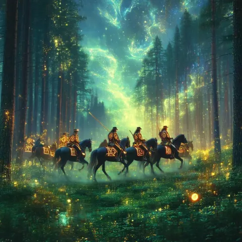Mounties Riding Rune Horses Through Mystic Forest
