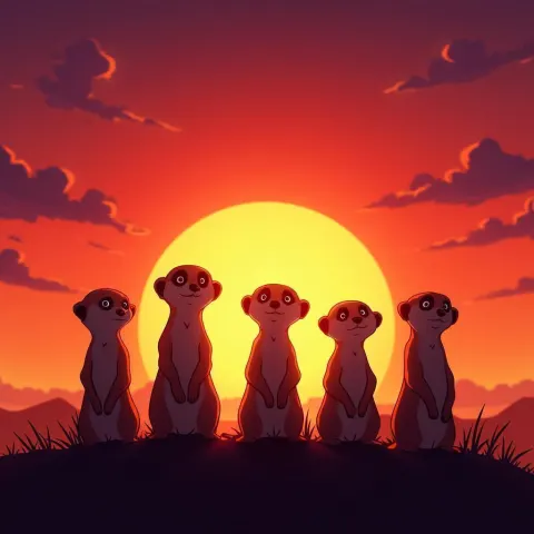 Five Meerkats Silhouetted Against Anime Sunset