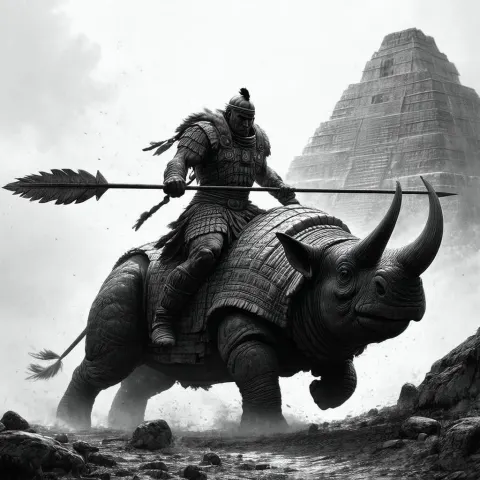 Toltec Warrior Riding a Glyptodon in Monochrome