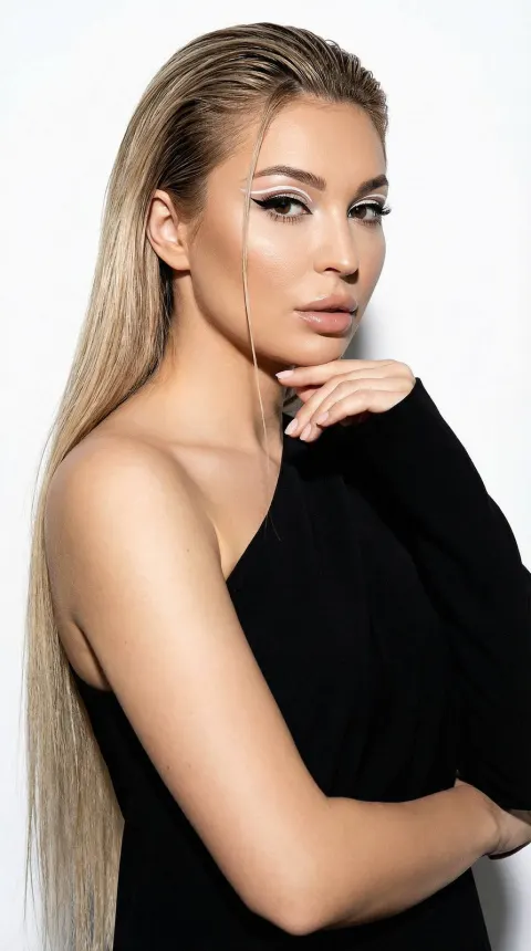 A woman with long blonde hair wears a voluminous black dress and looks toward the camera.