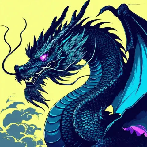 Colossal Black Dragon in Flat Vector Style