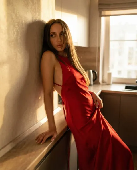 Cinematic Red Dress Kitchen Portrait