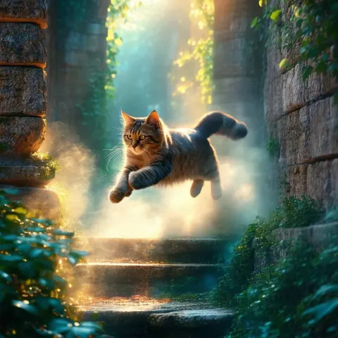 Mystical Cat Leaping From Ancient Stone Wall
