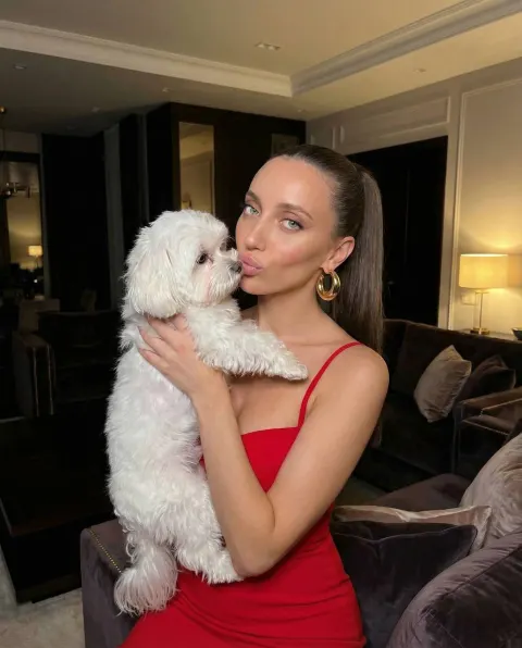 Woman in Red Dress with Dog