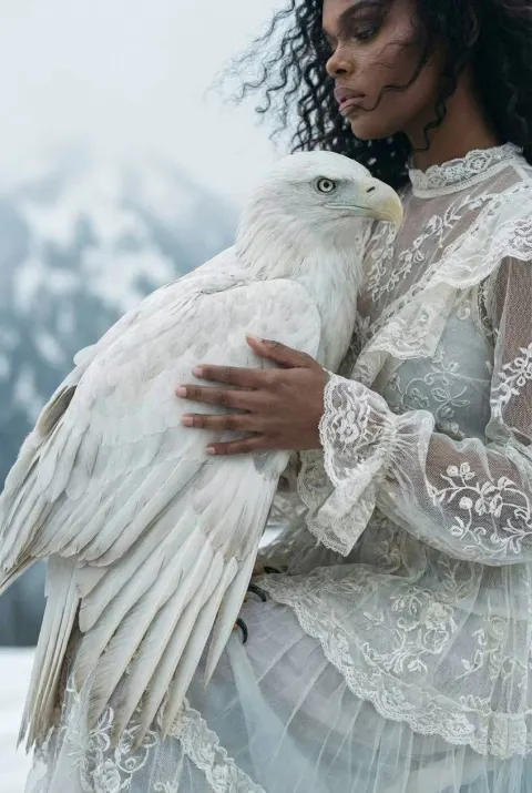 Vintage Lace Woman Embracing White Eagle