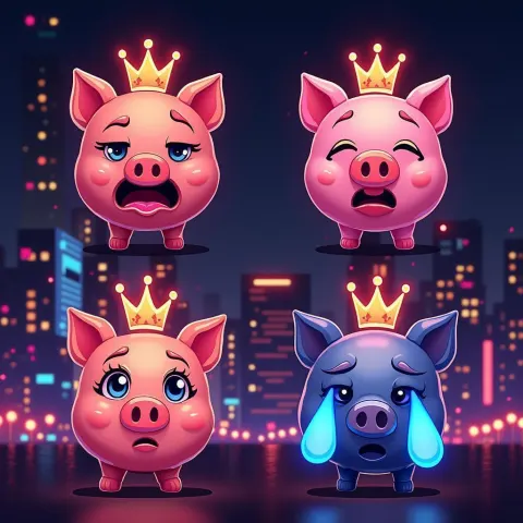 Crowned Neon Pig Emojis Over Cyber City