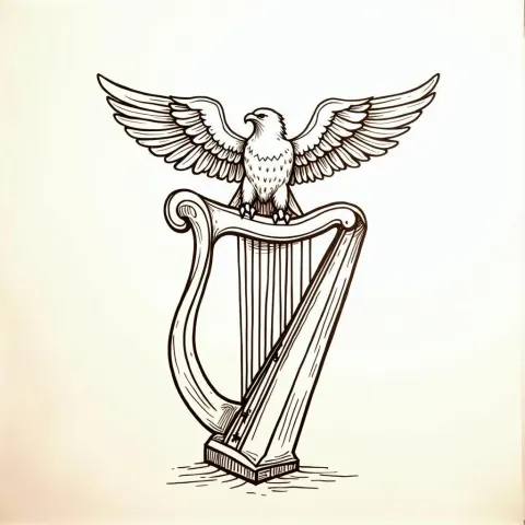 Whiteboard Harp Crowned by a Stylized Eagle