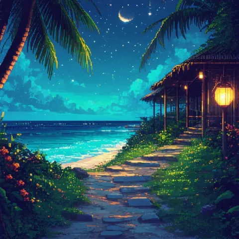 Pixelated Tropical Night With Lantern Lit Path