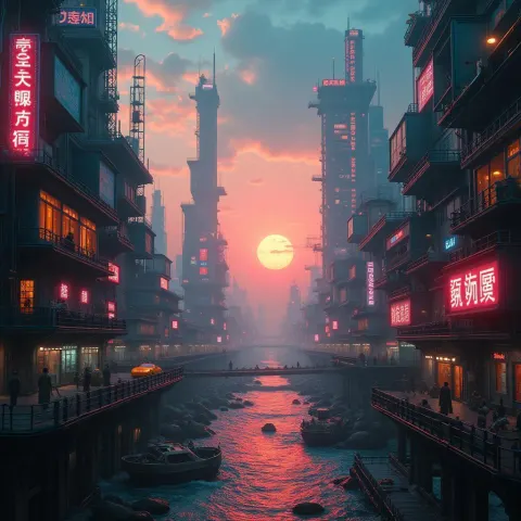 Surreal Cyberpunk Panorama With Steampunk Machinery