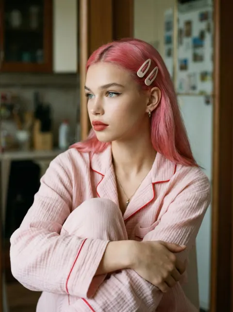 A woman with pink hair wearing an oversized light pink pajama blouse sits in a kitchen.
