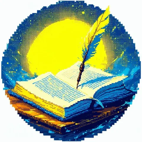 Pixel Open Book Logo With Writing Quill