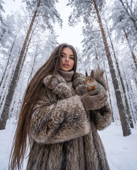 Winter Forest Girl With Squirrel