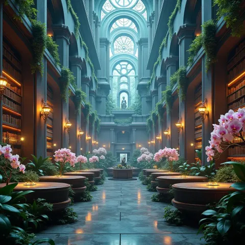 Ancient Library Overgrown With Orchids and Neon