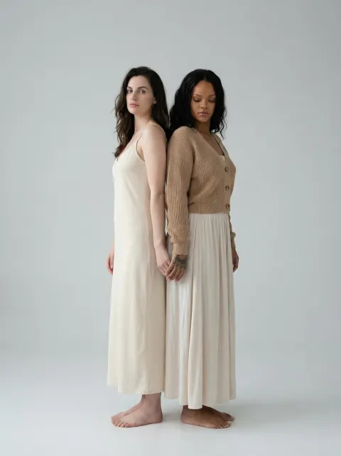 Two women stand back to back in a minimalist studio against a plain gray background.