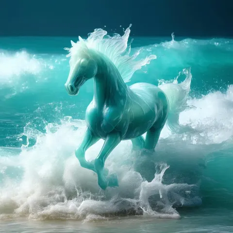 Turquoise Spirit Horse Splashing From Sea Foam