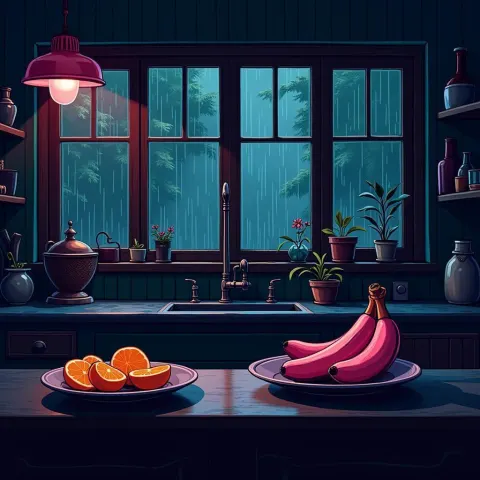 Cutout Kitchen Still Life With Pink Bananas