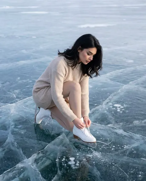 Tying Skates on Frozen Lake