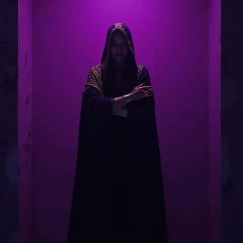 Mysterious Figure in Black and Gold Neon