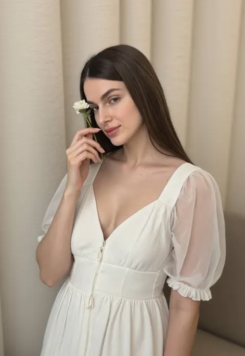 A woman with long brown hair holds a white flower near her face while wearing a white dress.