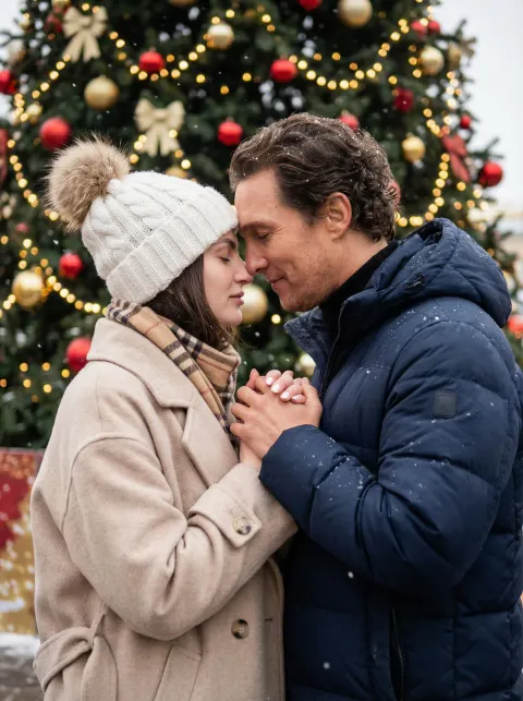 Snowy Christmas Couple Embrace