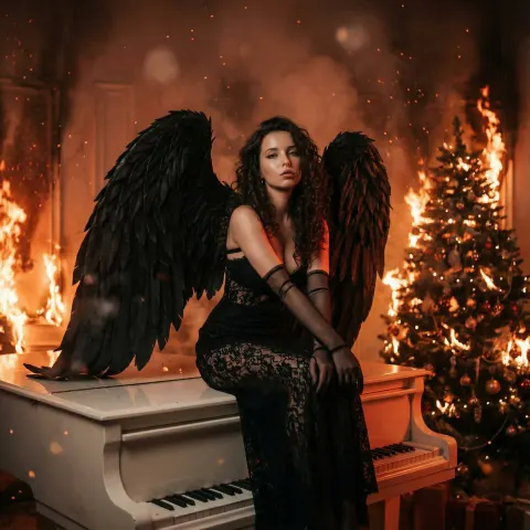 Dark Angel in Burning Gothic Room