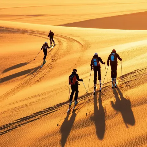 Skiers Climbing a Sunlit Sandy Dune