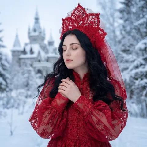 Vintage Red Lace Girl In Snowy Forest