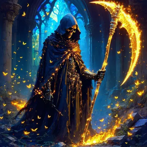 Grim Reaper Cloaked in Fireflies and Flame