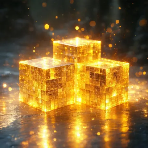 Three Golden Cubes Glowing in Fantasy Realm