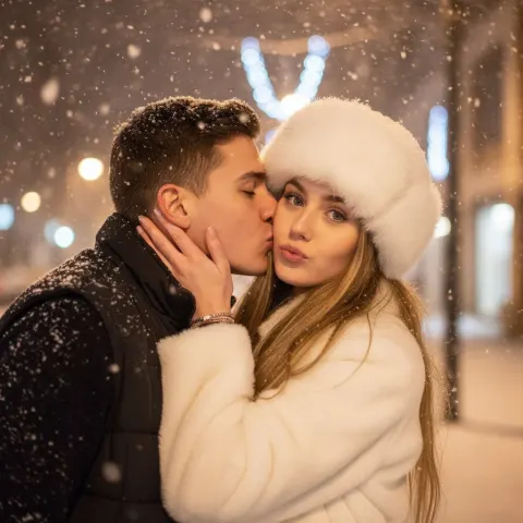 Snowy Night Couple Kiss