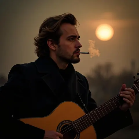 Russian Guitarist Smoking Beneath a Moonlit Sky