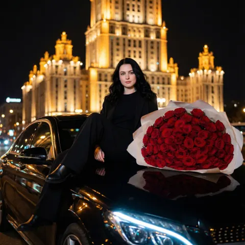 Elegant Woman With Roses On Car