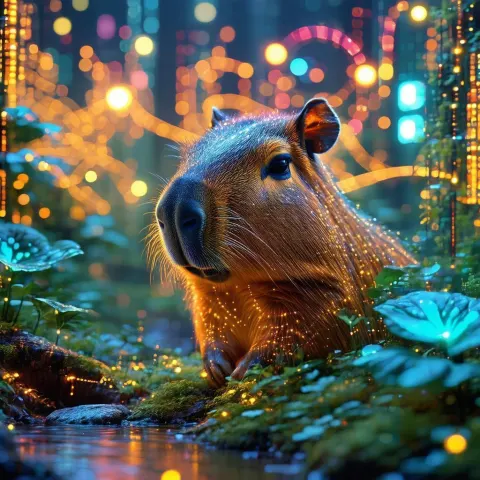Neon Capybara Closeup in Futuristic Field