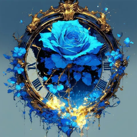 Blue Rose Blooming Inside an Ornate Clock