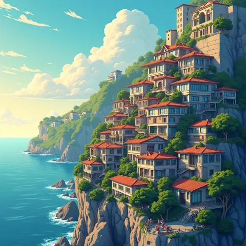 Sunlit Manga Village Cascading Down a Cliff