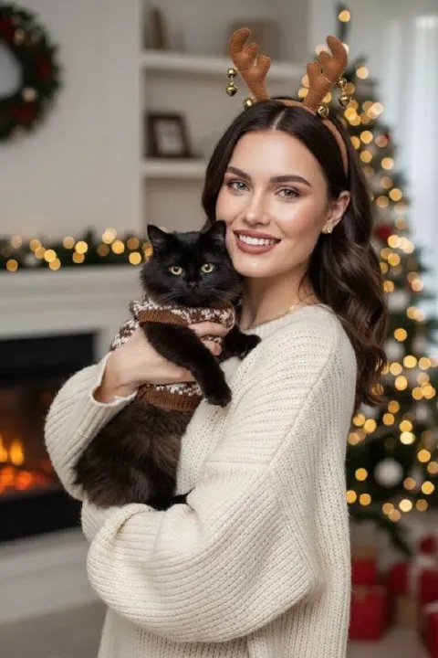 Cozy Christmas Cat Cuddle Portrait
