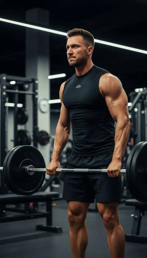 Muscular Man Lifting Barbell in Gym