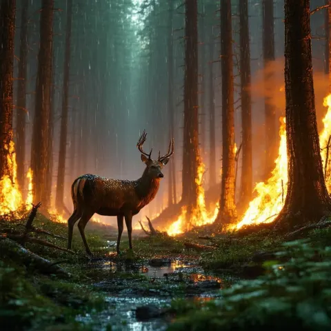Deer in Radioactive Rain and Burning Forest
