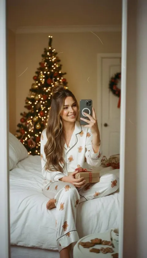 Christmas Pajama Mirror Selfie With Gift