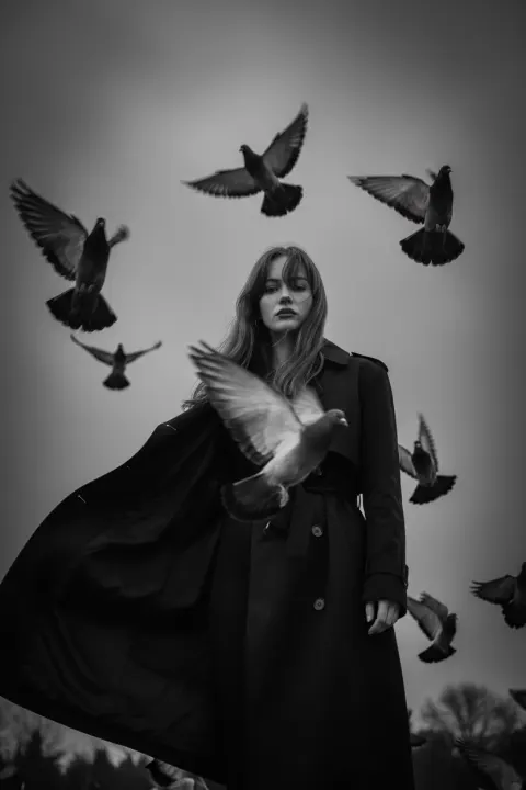 Woman in Trench Coat Among Pigeons