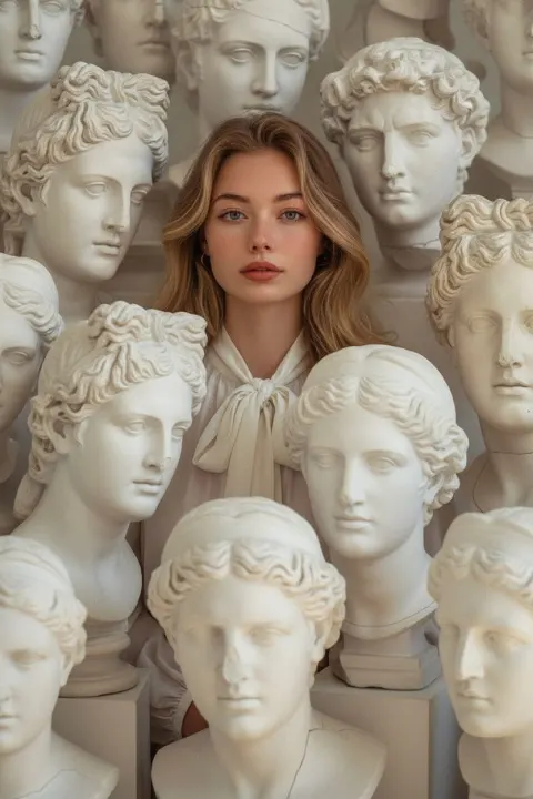 Artistic Portrait Amidst Plaster Busts