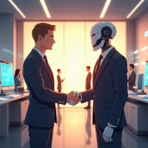 Man and Robot Handshake in Anime Office