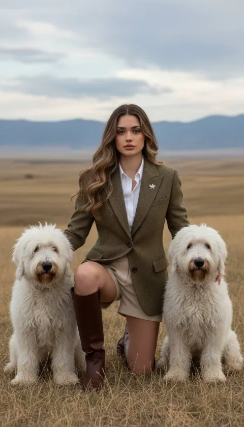 Equestrian Woman with Two Sheepdogs