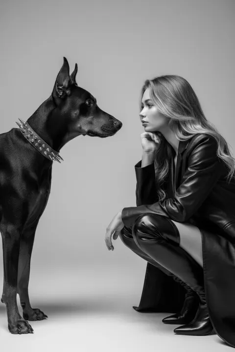 Doberman And Woman Studio Portrait