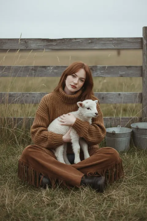 Woman Cradling Lamb in Pastoral Field