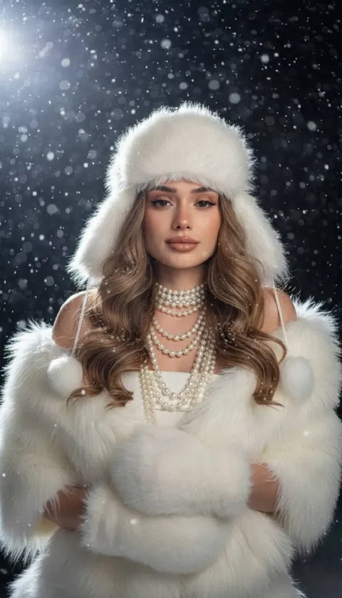 Glamorous Winter Pearl Portrait In Snow