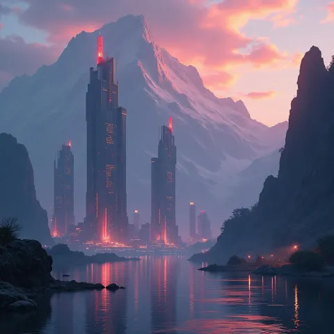 Grainy Futuristic Towers Beneath Majestic Mountains