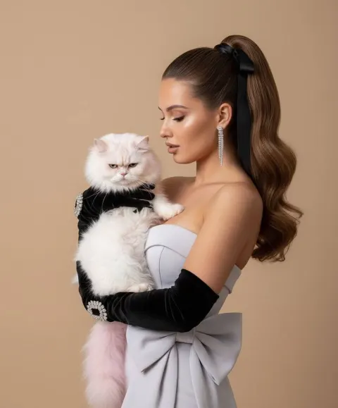 Glamorous Lady with Grumpy Pink Cat
