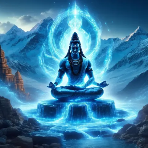 Neon Shiva With Cybernetic Tendrils Over Himalayas