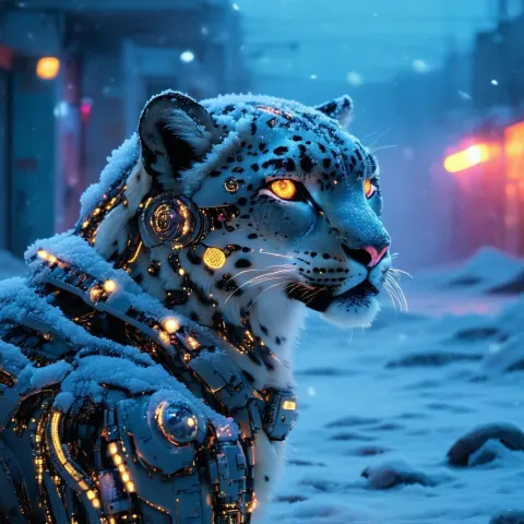 Cybernetic Snow Leopard in Frosty Neon Wasteland